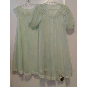 Shadowline Vintage 1960's Peignoir Set Nightgown Robe Pastel Green Nylon Small